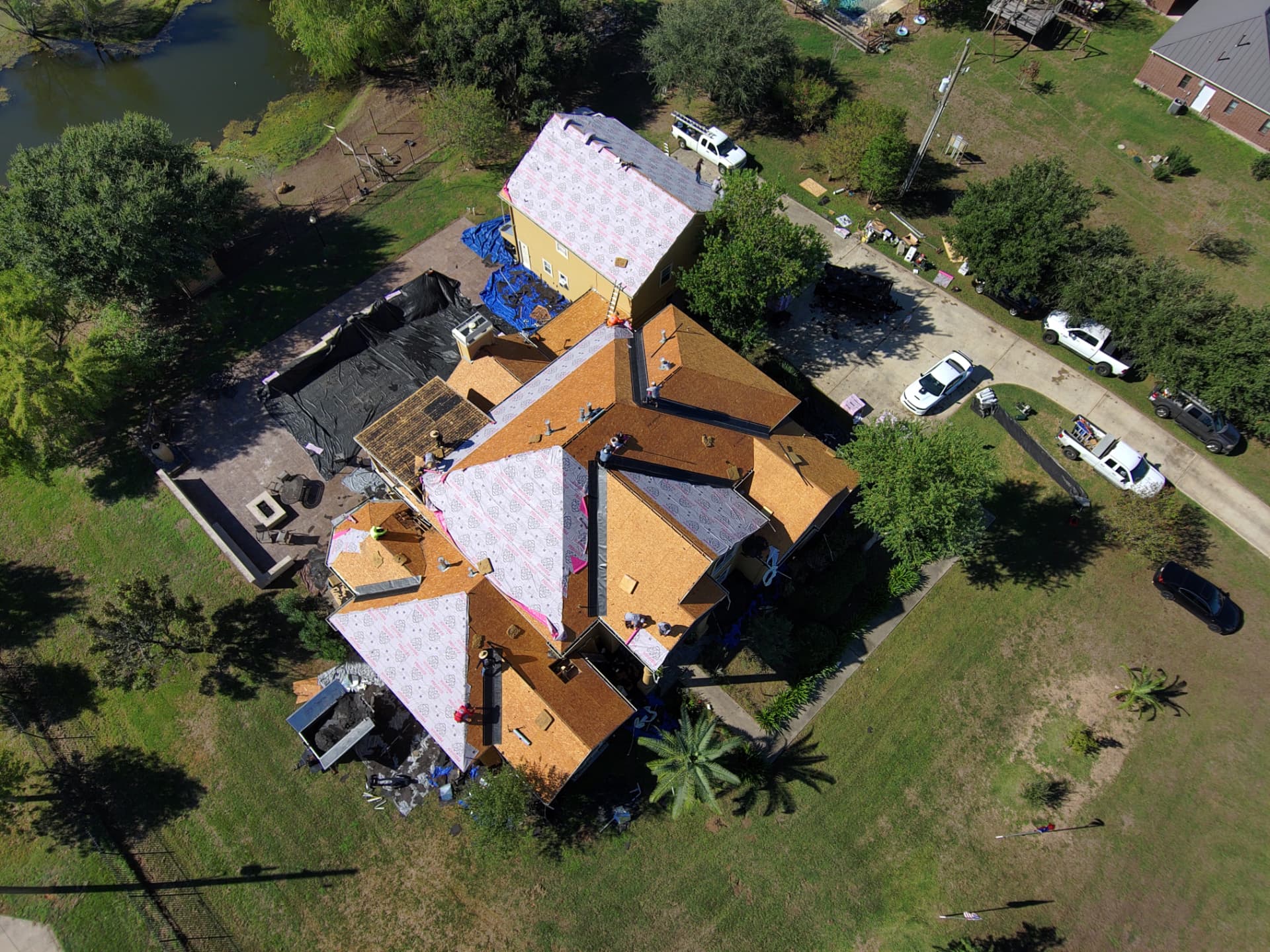 Drone view of a completed roof deck ready for shingle installation